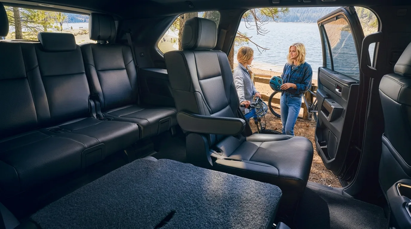 Inside a Toyota Sequoia with a second-row seat tipped forward for access to the third row, two women with a bike outside the open door.